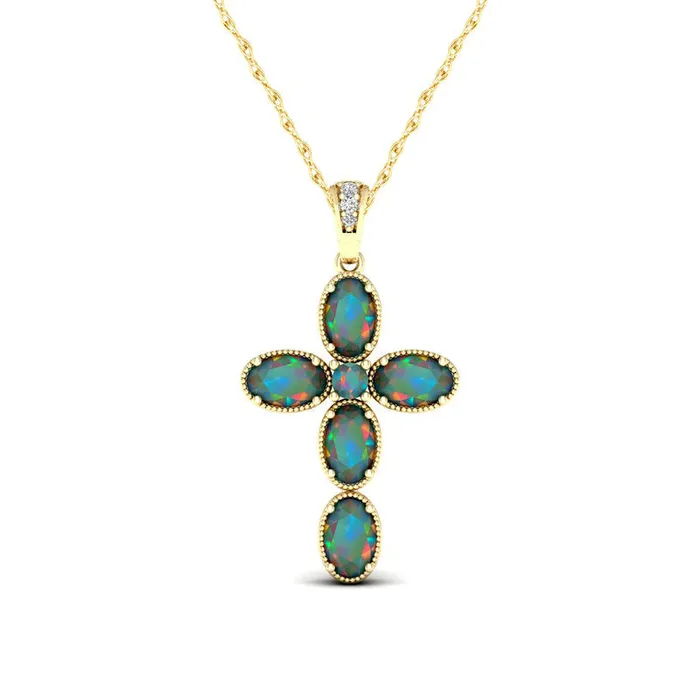 Oval LabCreated Opal and Diamond Accent Antique VintageStyle Cross Pendant in 10K Yellow Gold Goldia Necklaces Oval LabCreated Opal and Diamond Accent Antique VintageStyle Cross Pendant in 10K Yellow Gold Goldia Necklaces