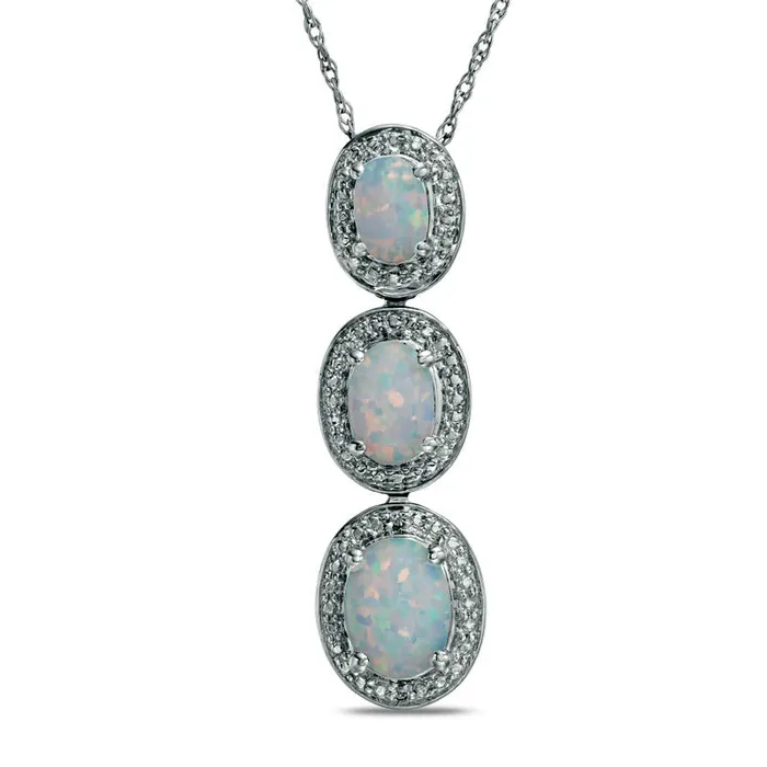 Oval LabCreated Opal and Diamond Accent Frame Three Stone Pendant in Sterling Silver Goldia Necklaces