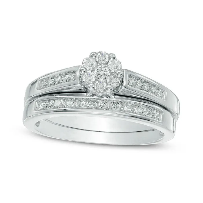 Previously Owned 050 CT TW Natural Diamond Flower Bridal Engagement Ring Set in Solid 10K White Gold Goldia Rings