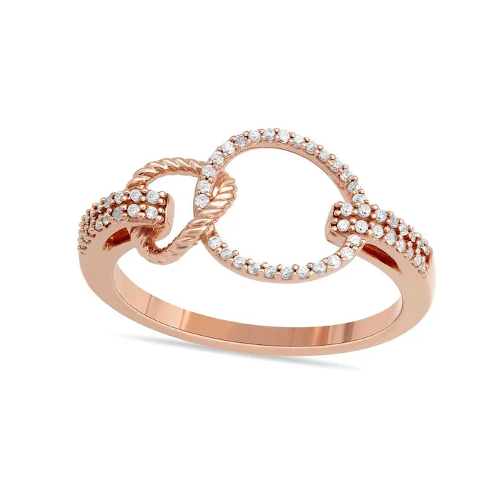 Rings 017 CT TW Natural Diamond Interlocking Circle and Rope Ring in Solid 10K Rose Gold Goldia