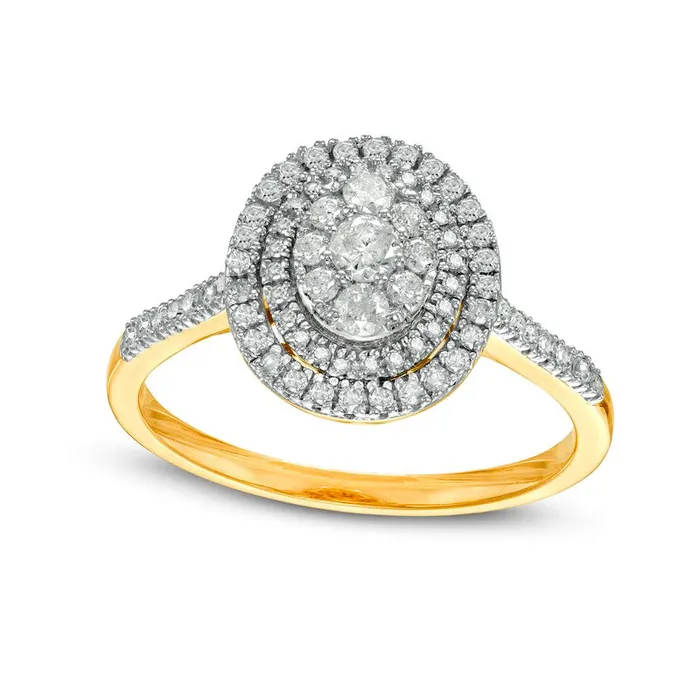 Rings 050 CT TW Composite Oval Natural Diamond Double Frame Ring in Solid 10K Yellow Gold Goldia