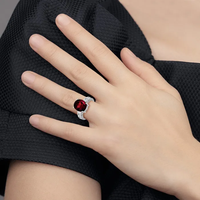 Rings 14k White Gold 12x10mm Oval Garnet AAA Diamond ring Goldia