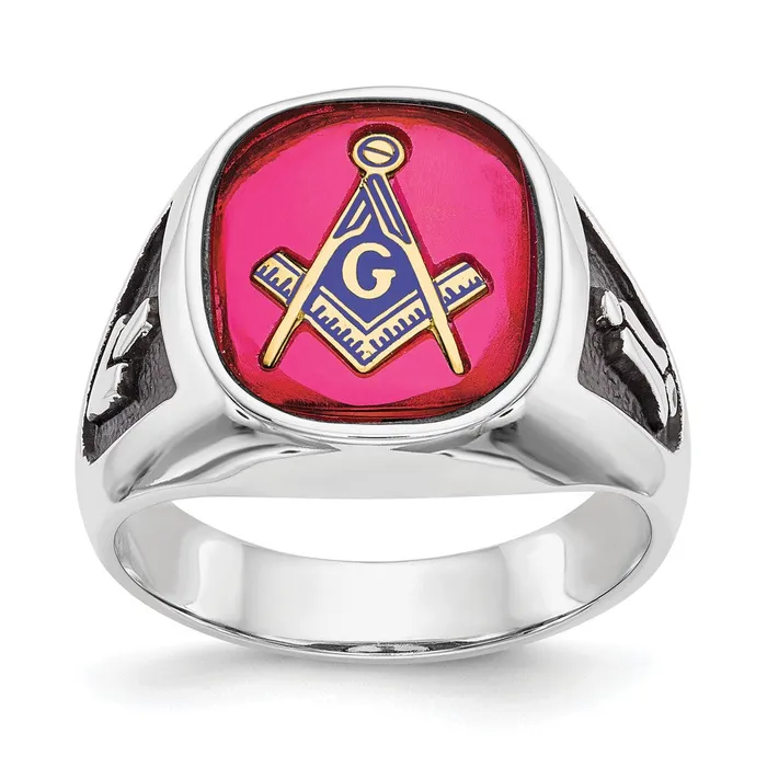Rings 14k White Gold Mens Polished and Textured with Black Enamel and Lab Created Ruby Masonic Ring Goldia