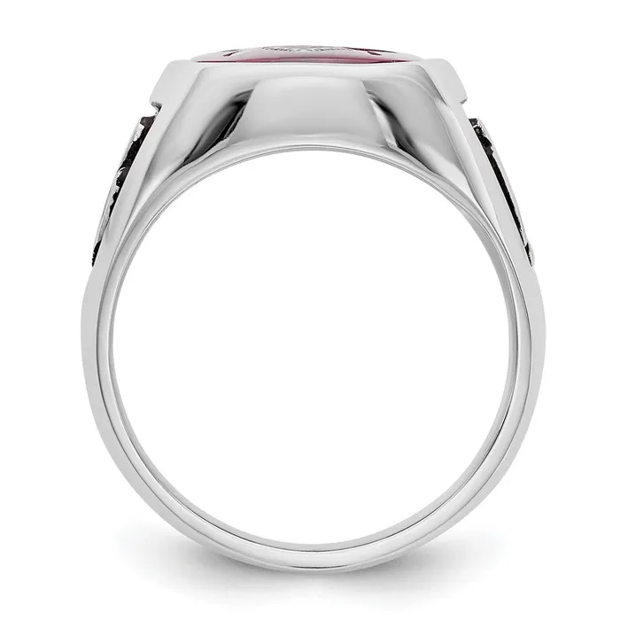 Rings 14k White Gold Mens Polished and Textured with Black Enamel and Lab Created Ruby Masonic Ring Goldia