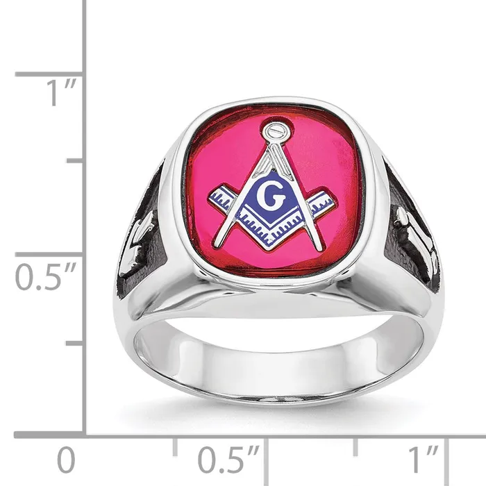 Rings 14k White Gold Mens Polished and Textured with Black Enamel and Lab Created Ruby Masonic Ring Goldia