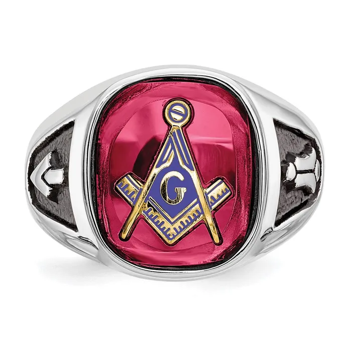 Rings 14k White Gold Mens Polished and Textured with Black Enamel and Lab Created Ruby Masonic Ring Goldia