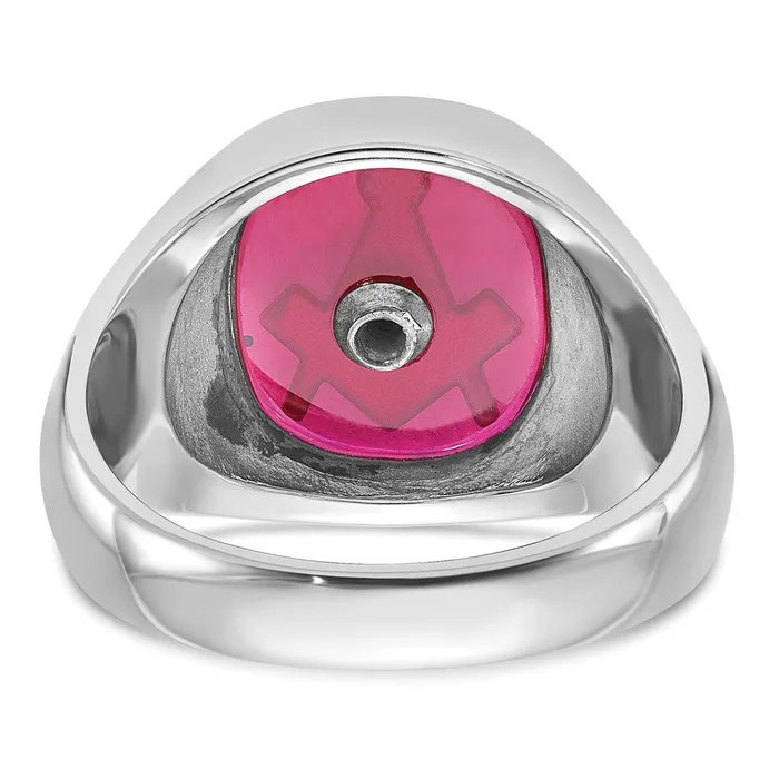 Rings 14k White Gold Mens Polished and Textured with Black Enamel and Lab Created Ruby Masonic Ring Goldia