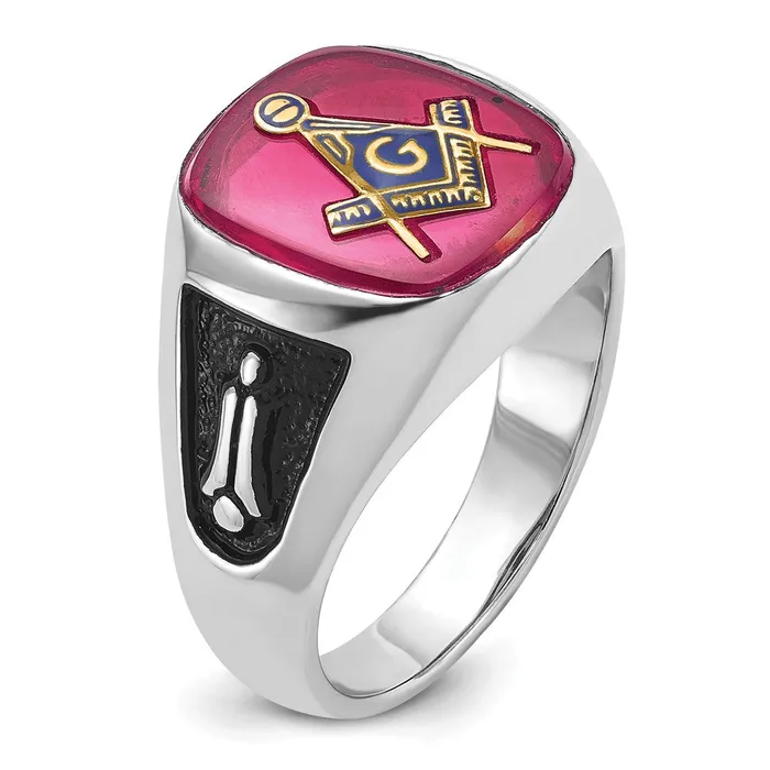 Rings 14k White Gold Mens Polished and Textured with Black Enamel and Lab Created Ruby Masonic Ring Goldia