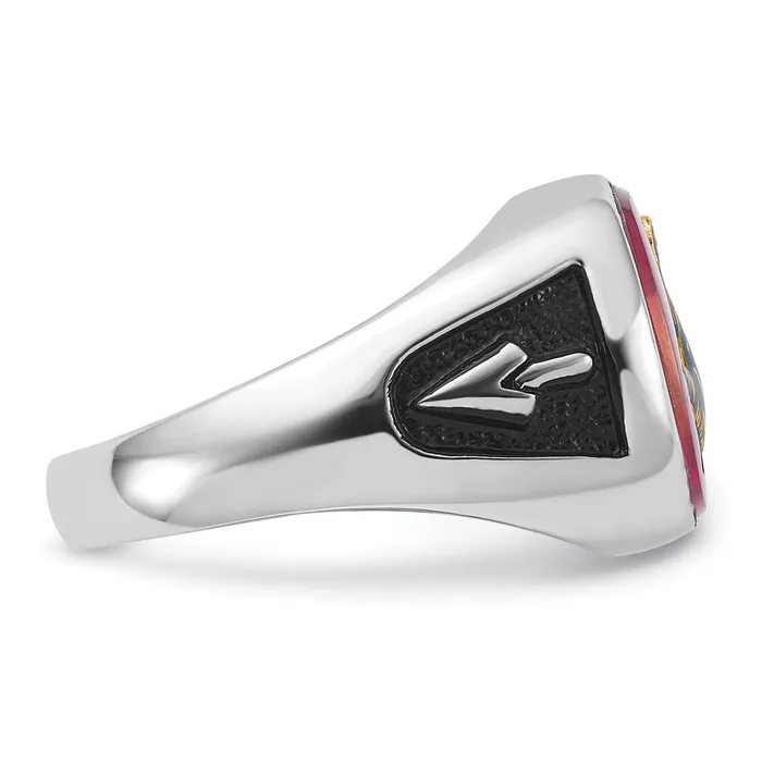 Rings 14k White Gold Mens Polished and Textured with Black Enamel and Lab Created Ruby Masonic Ring Goldia