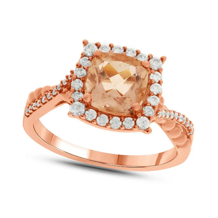 Rings 70mm CushionCut Morganite and 033 CT TW Natural Diamond Frame Twist Shank Engagement Ring in Solid 10K Rose Gold Goldia