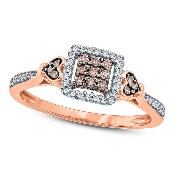 Rings Goldia 025 CT TW Composite Champagne and White Natural Diamond Cushion Frame Heart Sides Promise Ring in Solid 10K Rose Gold