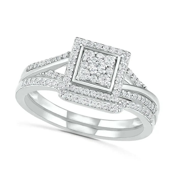 Rings Goldia 038 CT TW Composite Natural Diamond Square Frame Split Shank Bridal Engagement Ring Set in Solid 10K White Gold