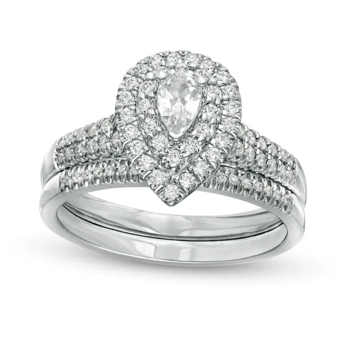 Rings Goldia 075 CT TW PearShaped Natural Diamond Double Frame Bridal Engagement Ring Set in Solid 14K White Gold