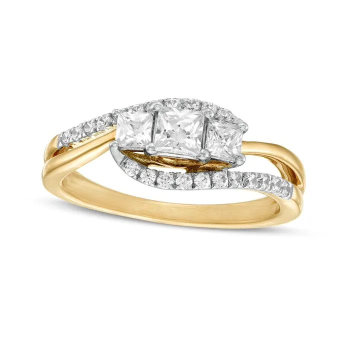 Rings Goldia 075 CT TW PrincessCut and Round Natural Diamond Three Stone Bypass Ring in Solid 10K Yellow Gold