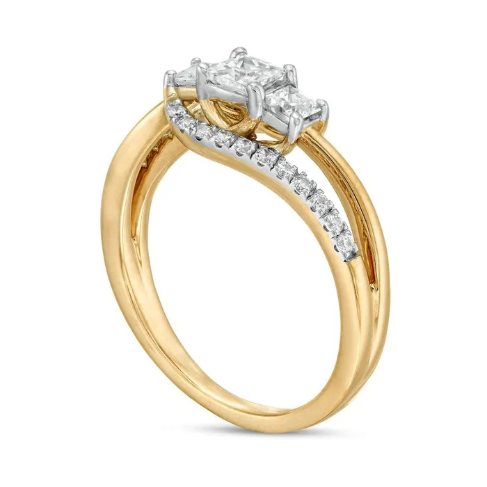 Rings Goldia 075 CT TW PrincessCut and Round Natural Diamond Three Stone Bypass Ring in Solid 10K Yellow Gold Rings Goldia 075 CT TW PrincessCut and Round Natural Diamond Three Stone Bypass Ring in Solid 10K Yellow Gold