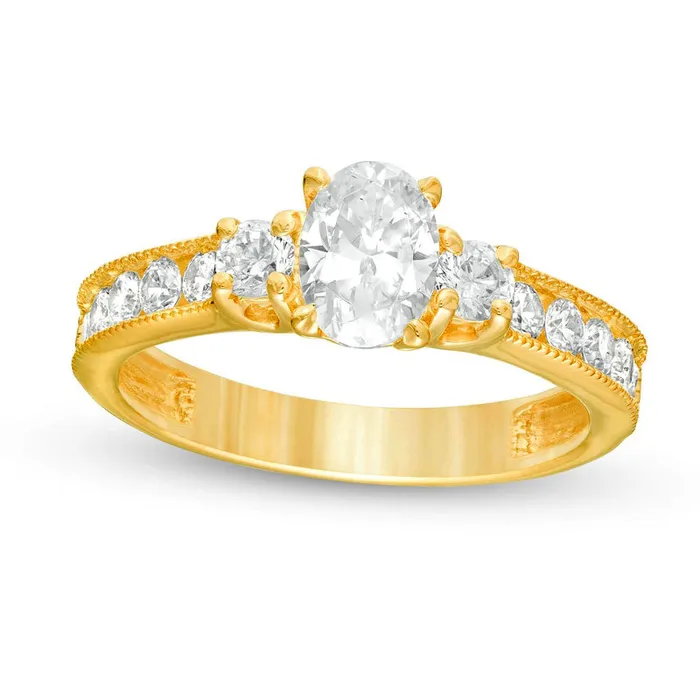 Rings Goldia 133 CT TW Oval and Round Natural Diamond Three Stone Engagement Ring in Solid 14K Gold