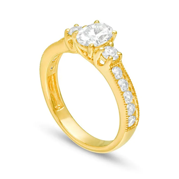 Rings Goldia 133 CT TW Oval and Round Natural Diamond Three Stone Engagement Ring in Solid 14K Gold