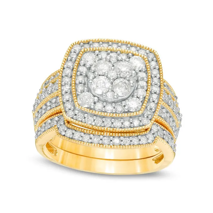 Rings Goldia 15 CT TW Composite Natural Diamond Double Cushion Frame Antique VintageStyle MultiRow Bridal Engagement Ring Set in Solid 10K Yellow Gold