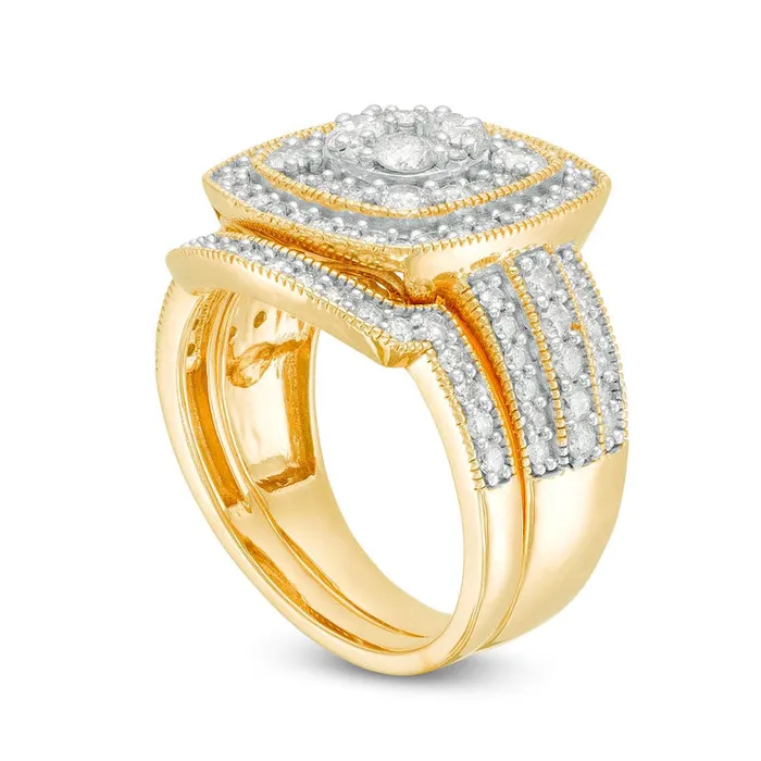 Rings Goldia 15 CT TW Composite Natural Diamond Double Cushion Frame Antique VintageStyle MultiRow Bridal Engagement Ring Set in Solid 10K Yellow Gold Rings Goldia 15 CT TW Composite Natural Diamond Double Cushion Frame Antique VintageStyle MultiRow Bridal Engagement Ring Set in Solid 10K Yellow Gold