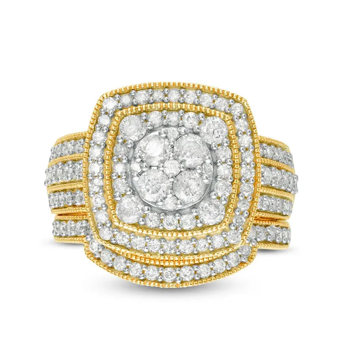 Rings Goldia 15 CT TW Composite Natural Diamond Double Cushion Frame Antique VintageStyle MultiRow Bridal Engagement Ring Set in Solid 10K Yellow Gold Rings Goldia 15 CT TW Composite Natural Diamond Double Cushion Frame Antique VintageStyle MultiRow Bridal Engagement Ring Set in Solid 10K Yellow Gold