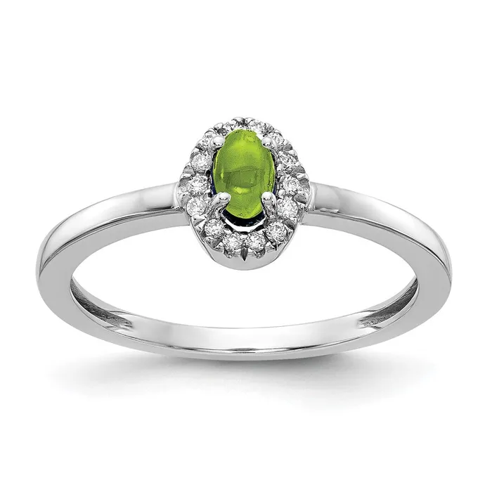 Rings Goldiacom 14k White Gold Real Diamond and Oval Cabochon Peridot Ring