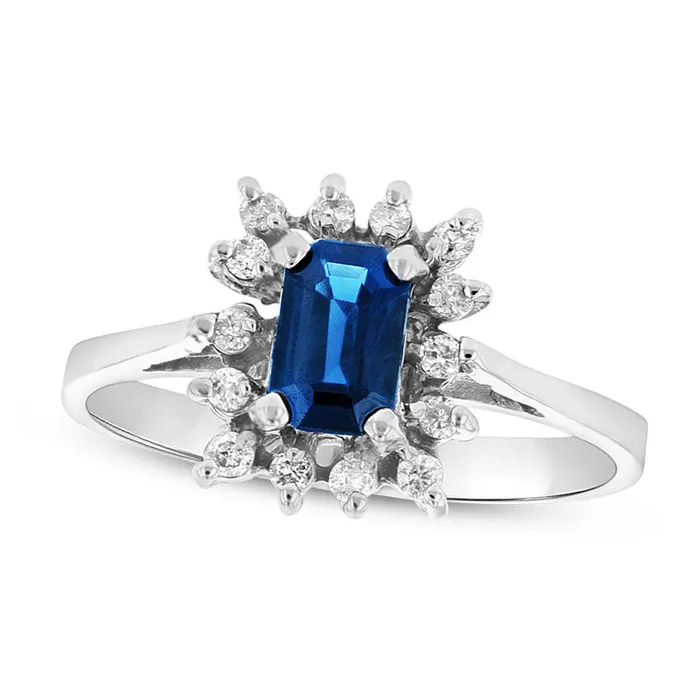 Rings Goldia EmeraldCut Blue Sapphire and 013 CT TW Natural Diamond Starburst Frame Ring in Solid 14K White Gold