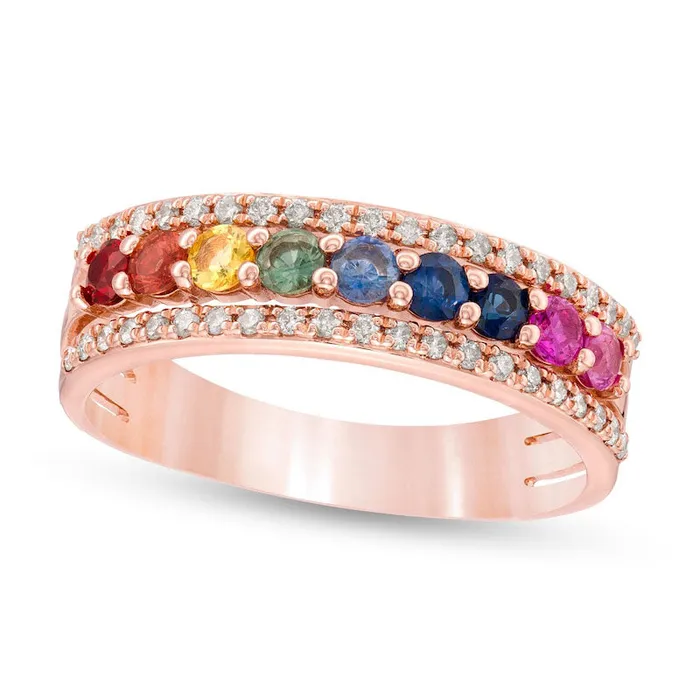 Rings Goldia MultiColor Sapphires and 020 CT TW Natural Diamond Edge Ring in Solid 14K Rose Gold