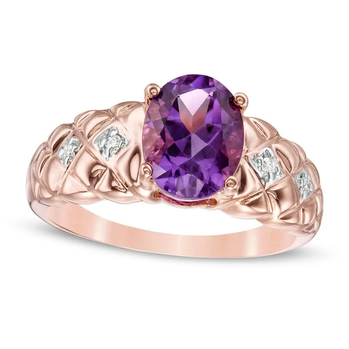 Rings Goldia Oval Amethyst and 005 CT TW Natural Diamond Quilted Ring in Solid 10K Rose Gold