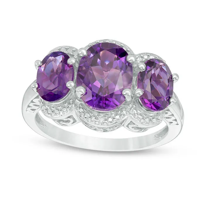 Rings Goldia Oval Amethyst and Natural Diamond Accent Three Stone Frame Ring in Sterling Silver