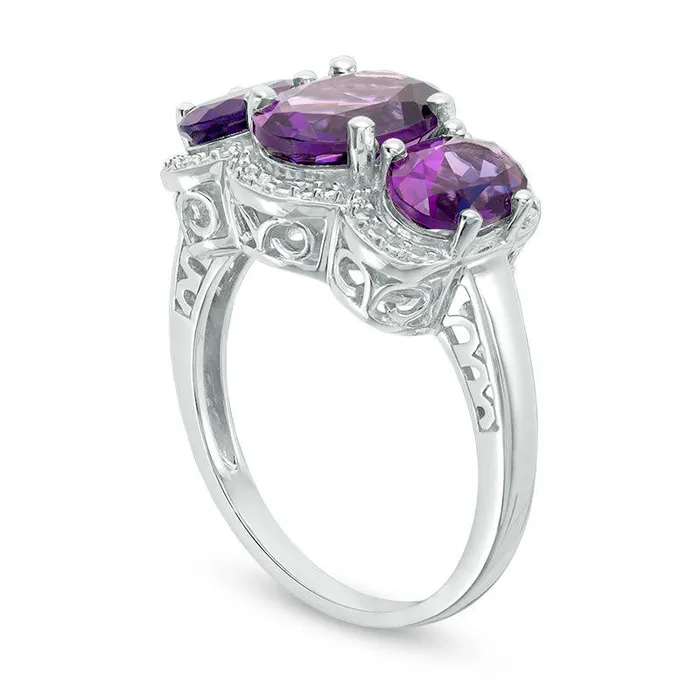 Rings Goldia Oval Amethyst and Natural Diamond Accent Three Stone Frame Ring in Sterling Silver Rings Goldia Oval Amethyst and Natural Diamond Accent Three Stone Frame Ring in Sterling Silver