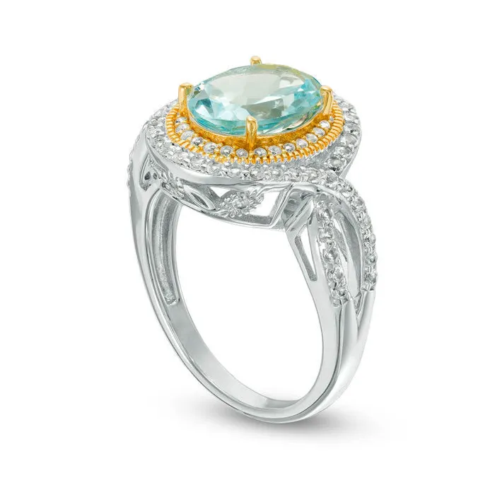 Rings Goldia Oval Blue and White Topaz Antique VintageStyle Twist Shank Ring in Sterling Silver and Solid 18K Gold Plate Rings Goldia Oval Blue and White Topaz Antique VintageStyle Twist Shank Ring in Sterling Silver and Solid 18K Gold Plate