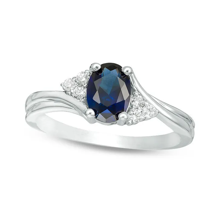 Rings Goldia Oval LabCreated Blue Sapphire and 010 CT TW Diamond TriSides Promise Ring in Solid 10K White Gold