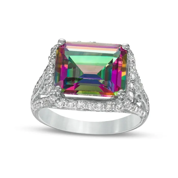 Rings Goldia Sideways EmeraldCut Mystic Fire Topaz and 050 CT TW Natural Diamond Frame Ring in Solid 14K White Gold
