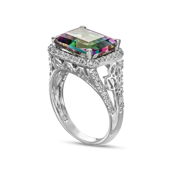 Rings Goldia Sideways EmeraldCut Mystic Fire Topaz and 050 CT TW Natural Diamond Frame Ring in Solid 14K White Gold Rings Goldia Sideways EmeraldCut Mystic Fire Topaz and 050 CT TW Natural Diamond Frame Ring in Solid 14K White Gold