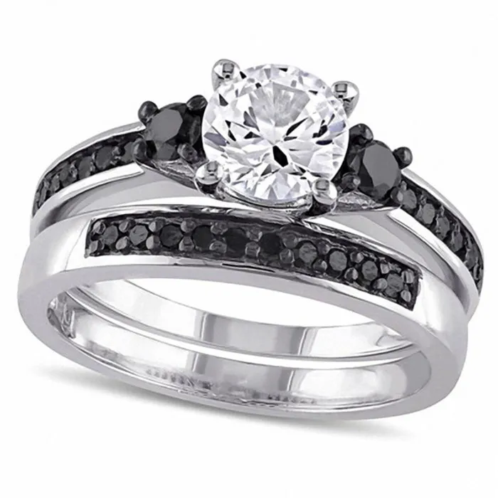 Rings LabCreated White Sapphire and 038 CT TW Enhanced Black Diamond Three Stone Bridal Engagement Ring Set in Sterling Silver Goldia
