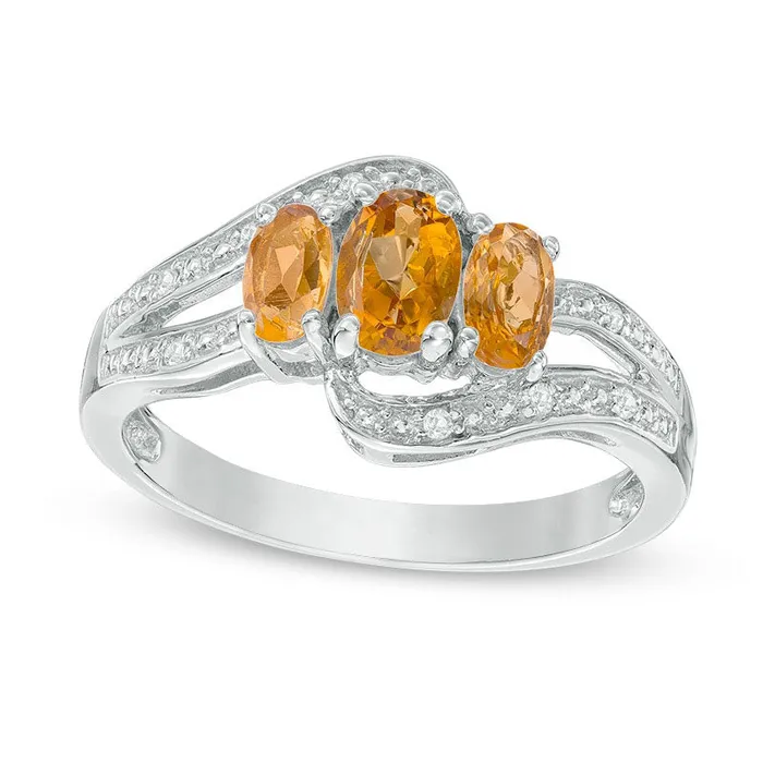 Rings Oval Citrine and White Topaz Three Stone Bypass Ring in Sterling Silver Goldia