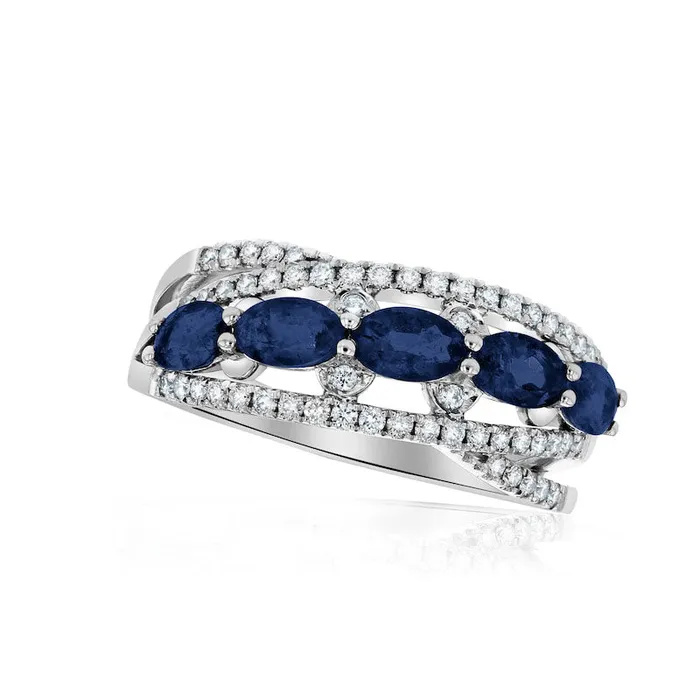 Rings Sideways Oval Blue Sapphire and 025 CT TW Natural Diamond Five Stone Ring in Solid 14K White Gold Goldia