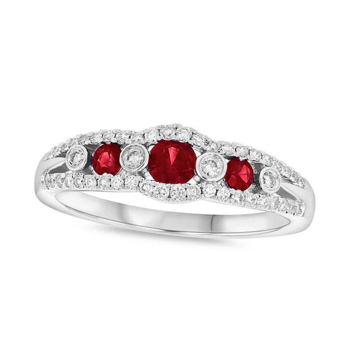 Ruby and 025 CT TW Natural Diamond Seven Stone Anniversary Ring in Solid 14K White Gold Goldia Rings