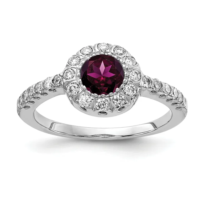 Solid 14k White Gold 5mm Rhodolite Simulated Garnet AAA CZ Ring Goldia Rings