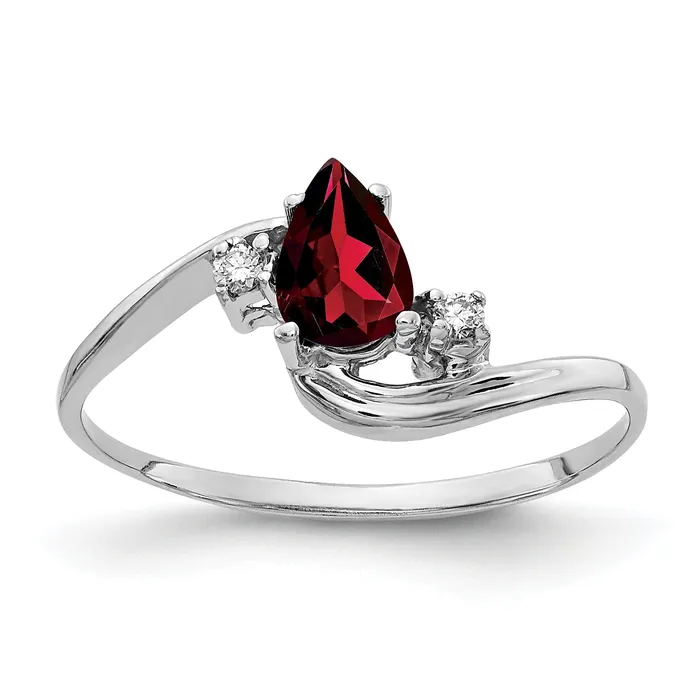 Solid 14k White Gold 6x4mm Pear Simulated Garnet ChecKer A CZ Ring Goldia Rings