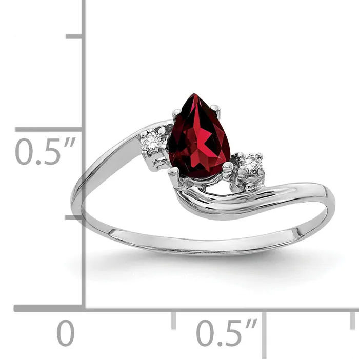 Solid 14k White Gold 6x4mm Pear Simulated Garnet ChecKer A CZ Ring Goldia Rings