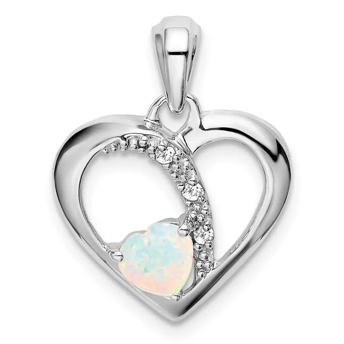 Solid 14k White Gold Created Simulated Opal and CZ Heart Pendant Goldia Necklaces