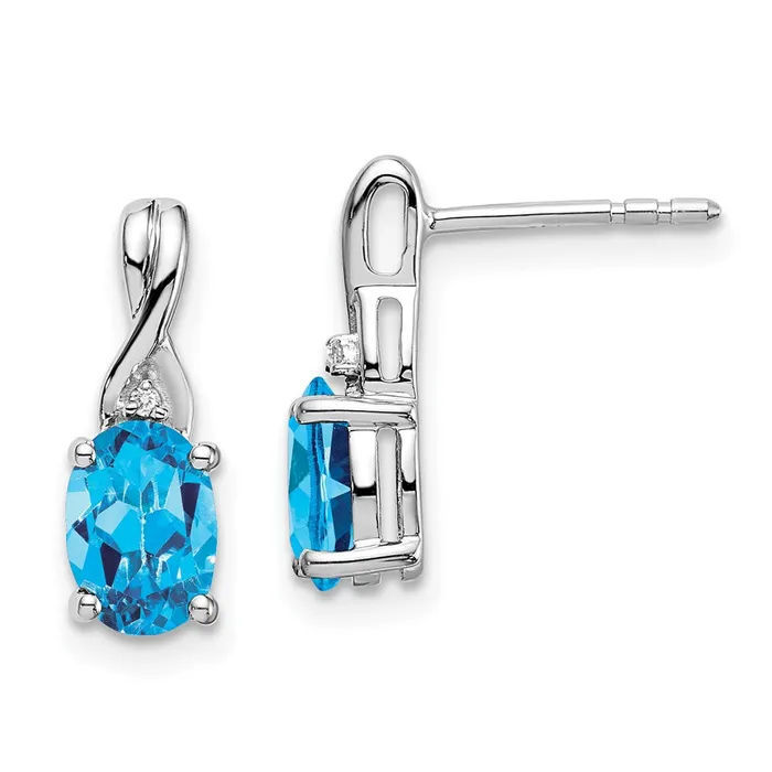 Solid 14k White Gold Oval Simulated Blue Topaz and CZ Earrings Goldia Earrings