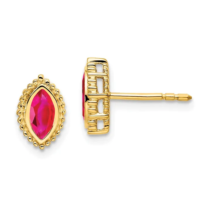 Solid 14k Yellow Gold Marquise Simulated Ruby Post Earrings Goldia Earrings
