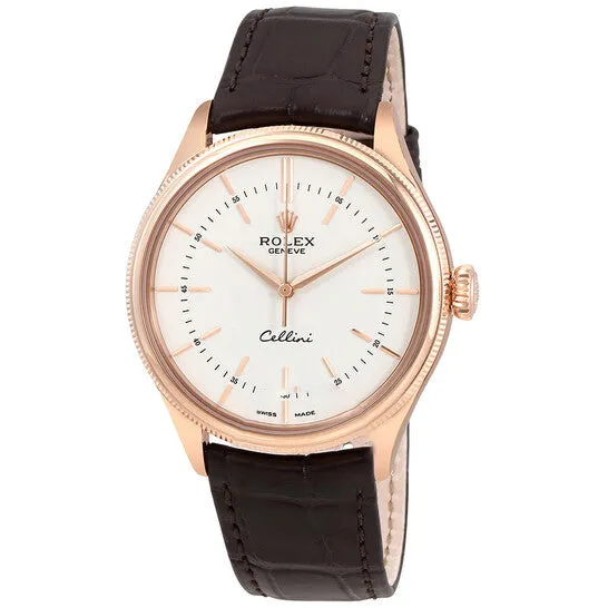 Watches JMS always Original Rolex Cellini Automatic White Lacquer Dial Brown Tobacco Leather Watch 50505WSL