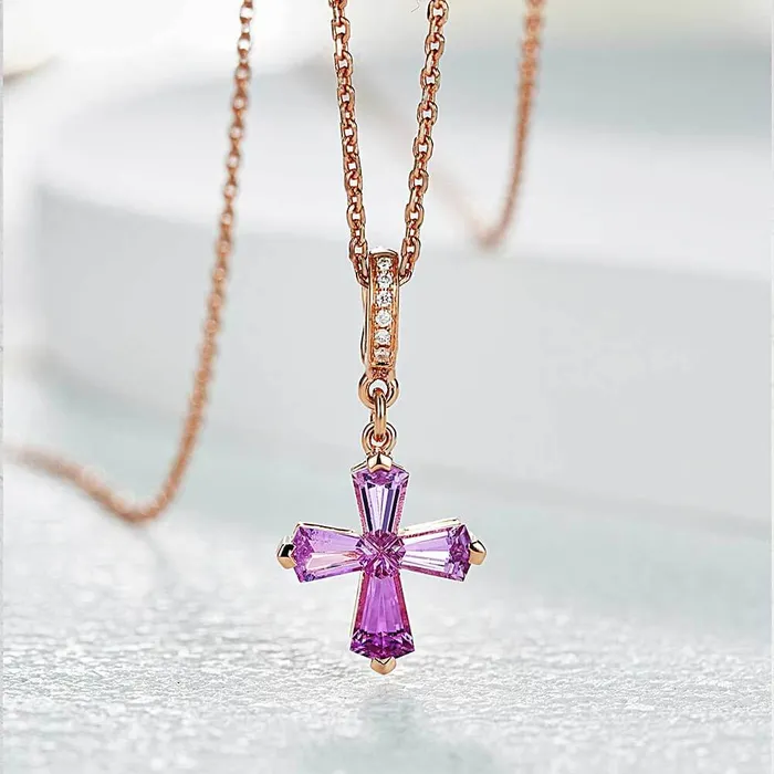 14k Gold Cross Pink Charm Necklace Trendolla Jewelry Necklaces