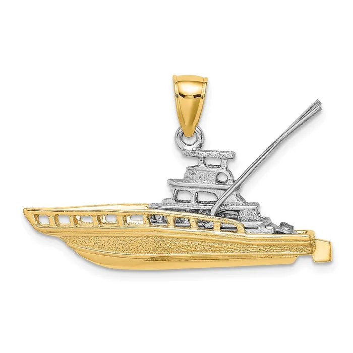 14k Twotone Textured 3D Offshore Sportfishing Boat Charm TreasureFineJewelers Charm Necklaces
