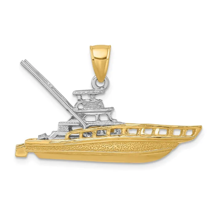14k Twotone Textured 3D Offshore Sportfishing Boat Charm TreasureFineJewelers Charm Necklaces