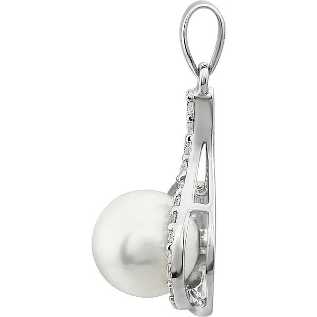 14K White Gold Freshwater Cultured Pearl 18 CTW Diamond Pendant TreasureFineJewelers Necklaces