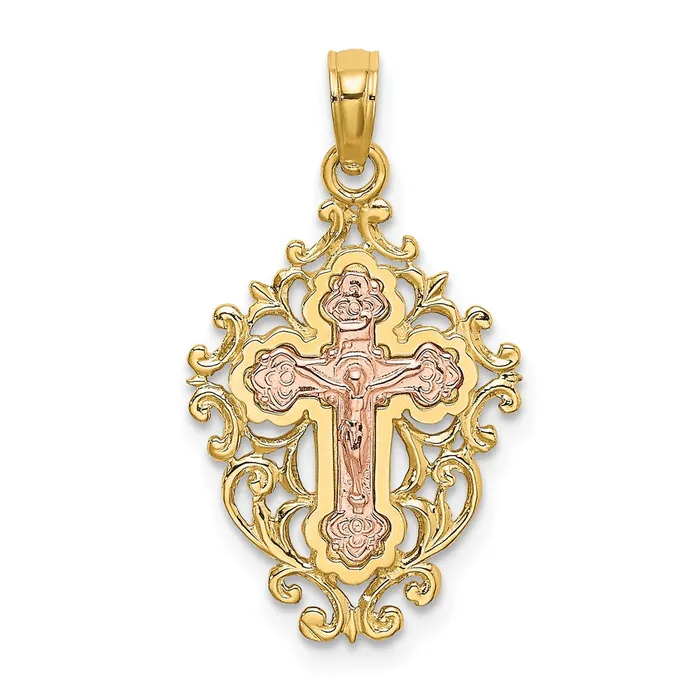 Charm Necklaces 14k Two Tone w Lace Trim Crucifix Charm TreasureFineJewelers